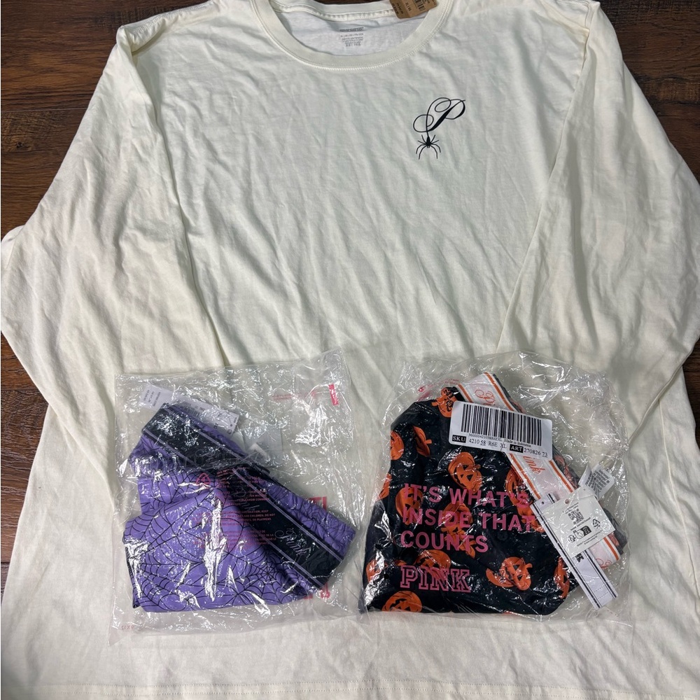 PINK Victoria's Secret crème long sleeve Halloween Shirt and 2 boxers nwt xl